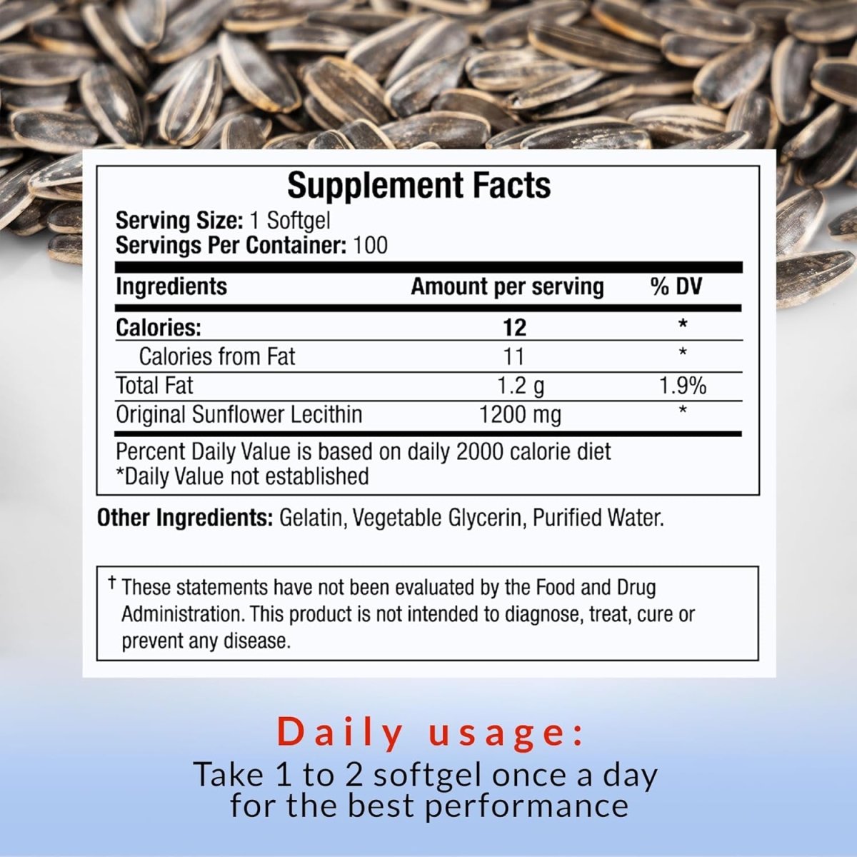 Sunflower Lecithin 1200Mg Promotes Cognitive Function Mental Clarity Healthy Cholesterol, and Cardiovascular Health 100 Softgels - Suppviv