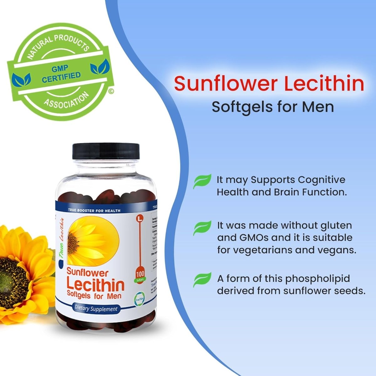 Sunflower Lecithin 1200Mg Promotes Cognitive Function Mental Clarity Healthy Cholesterol, and Cardiovascular Health 100 Softgels - Suppviv