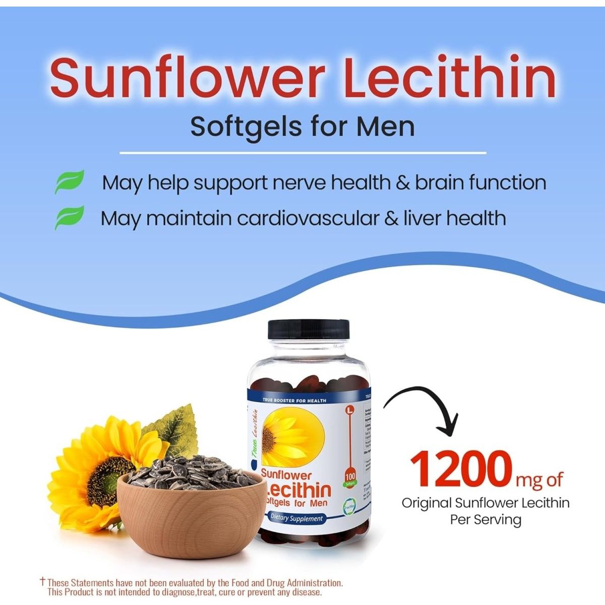Sunflower Lecithin 1200Mg Promotes Cognitive Function Mental Clarity Healthy Cholesterol, and Cardiovascular Health 100 Softgels - Suppviv