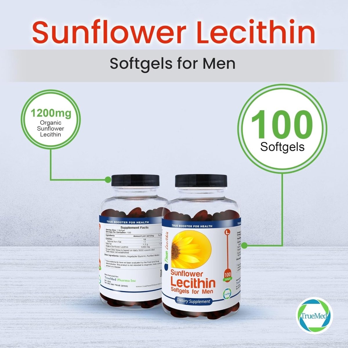 Sunflower Lecithin 1200Mg Promotes Cognitive Function Mental Clarity Healthy Cholesterol, and Cardiovascular Health 100 Softgels - Suppviv