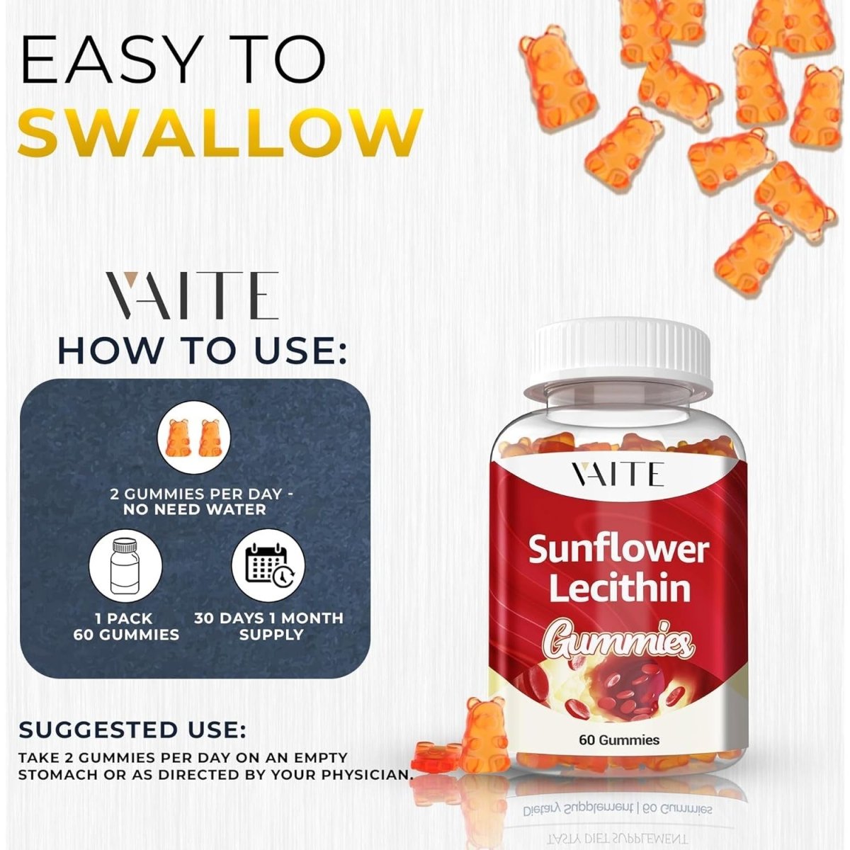 Sunflower Lecithin Gummies 800Mg - Vegan, Non - Gmo, Soy - Free & Gluten - Free - Supports Daily Nutrition 60 Vegan Gummy - Suppviv