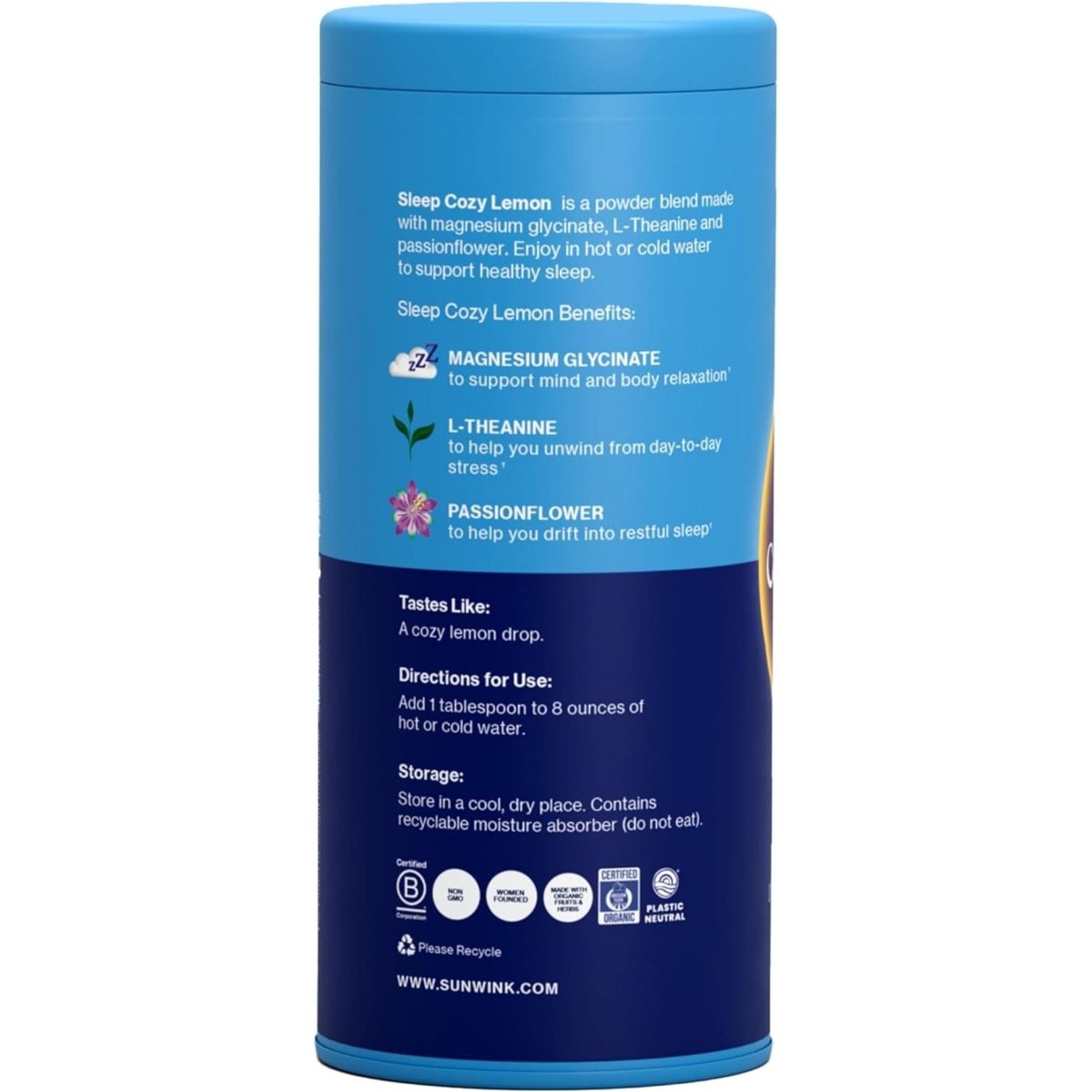 Sunwink Sleep Cozy Lemon Superfood Powder Drink Mix for Relaxation 4.8 Oz, 15 Servings - Suppviv