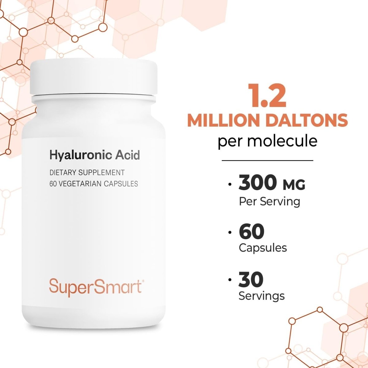 Supersmart - Hyaluronic Acid Supplement 300Mg (Sodium Hyaluronate) - High Molecular Weight 1.2 Million Daltons | 60 Vegetarian Capsules - Suppviv