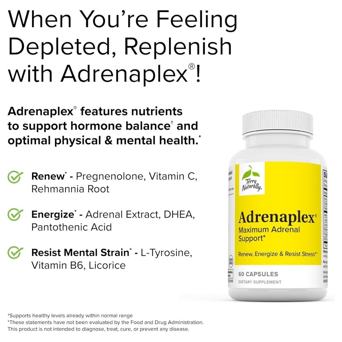 Terry Naturally Adrenaplex - 60 Capsules - Maximum Adrenal Support Supplement - Suppviv