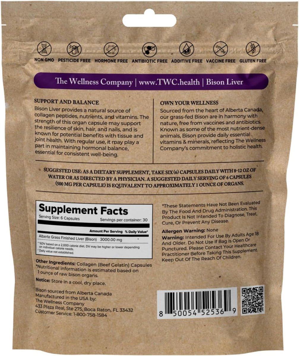 The Wellness Company Bison Liver Supplement Capsules |180 Collagen Capsules| - Suppviv