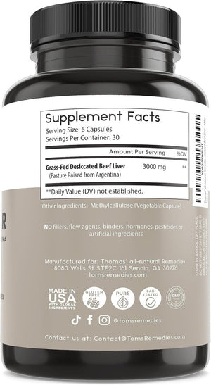 Thomas' All - Natural Remedies Grass - Fed Desiccated Beef Liver Capsules, 3000Mg 180 CT - Suppviv