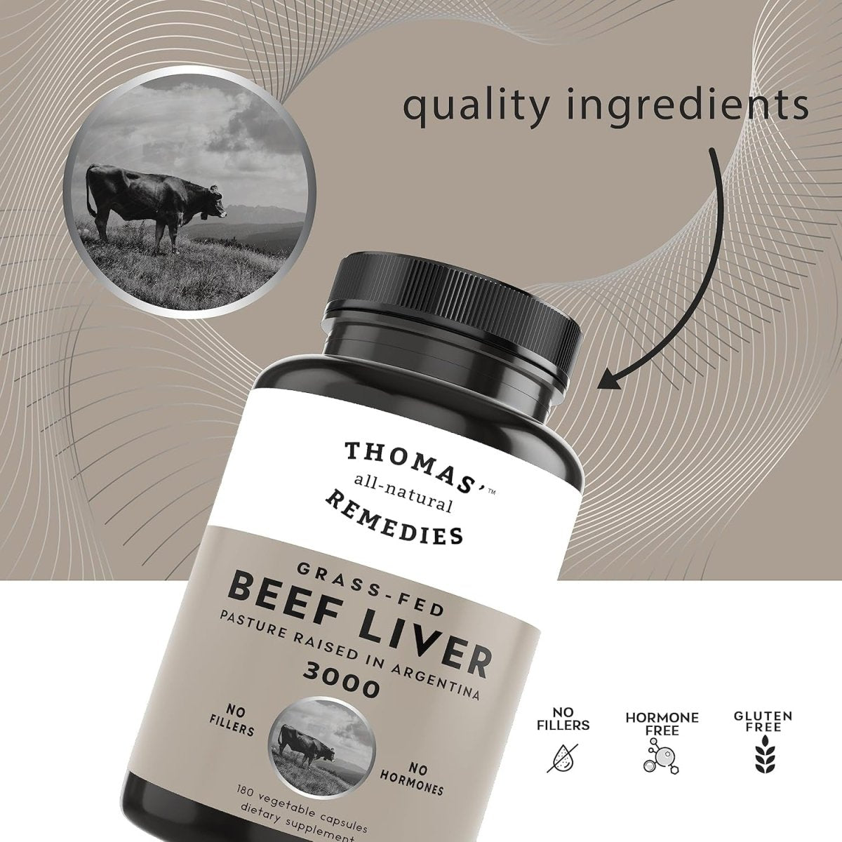 Thomas' All - Natural Remedies Grass - Fed Desiccated Beef Liver Capsules, 3000Mg 180 CT - Suppviv