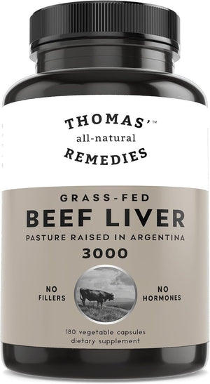 Thomas' All - Natural Remedies Grass - Fed Desiccated Beef Liver Capsules, 3000Mg 180 CT - Suppviv