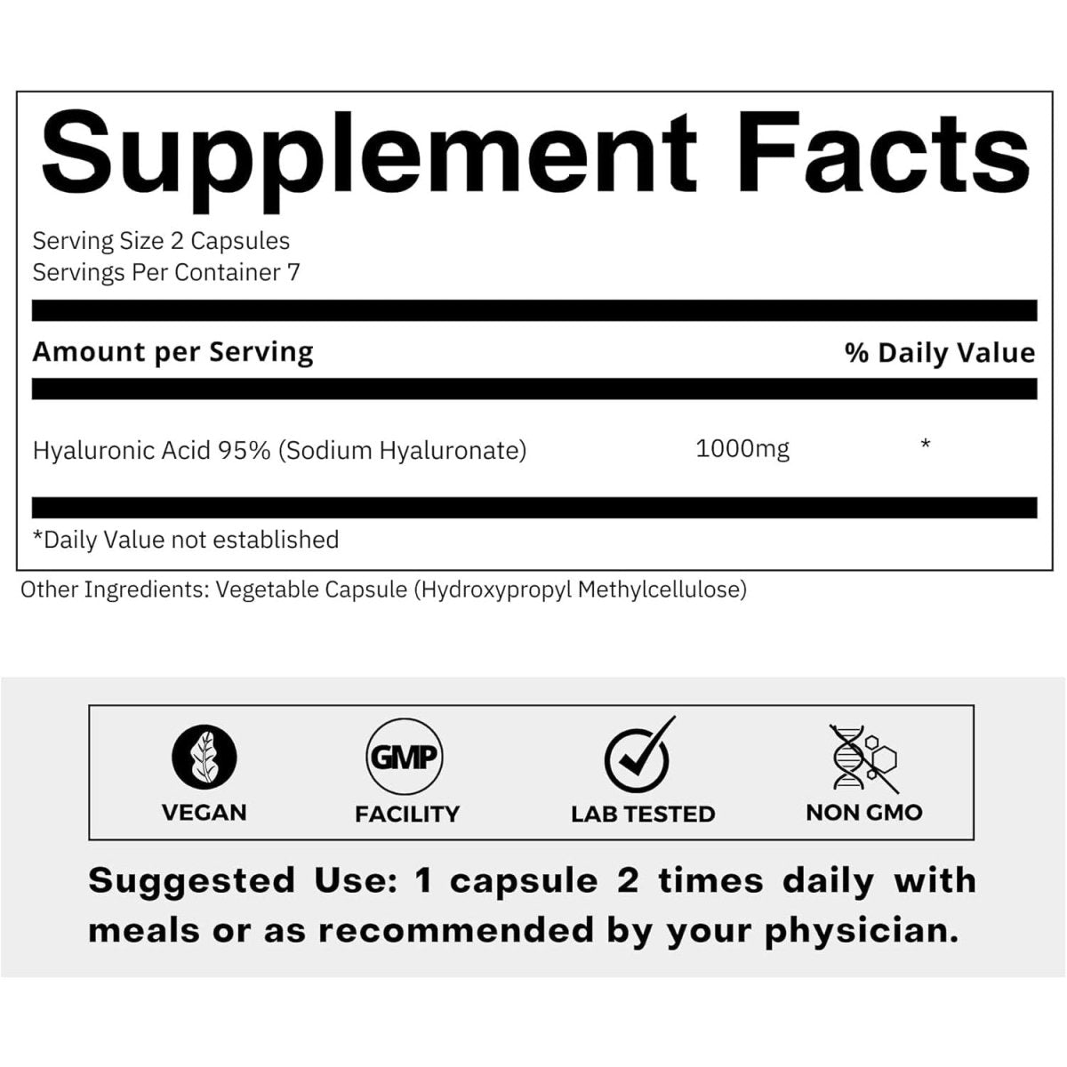 Ultra High Purity Hyaluronic Acid Capsules 500Mg - 95% Sodium Hyaluronate - Suppviv