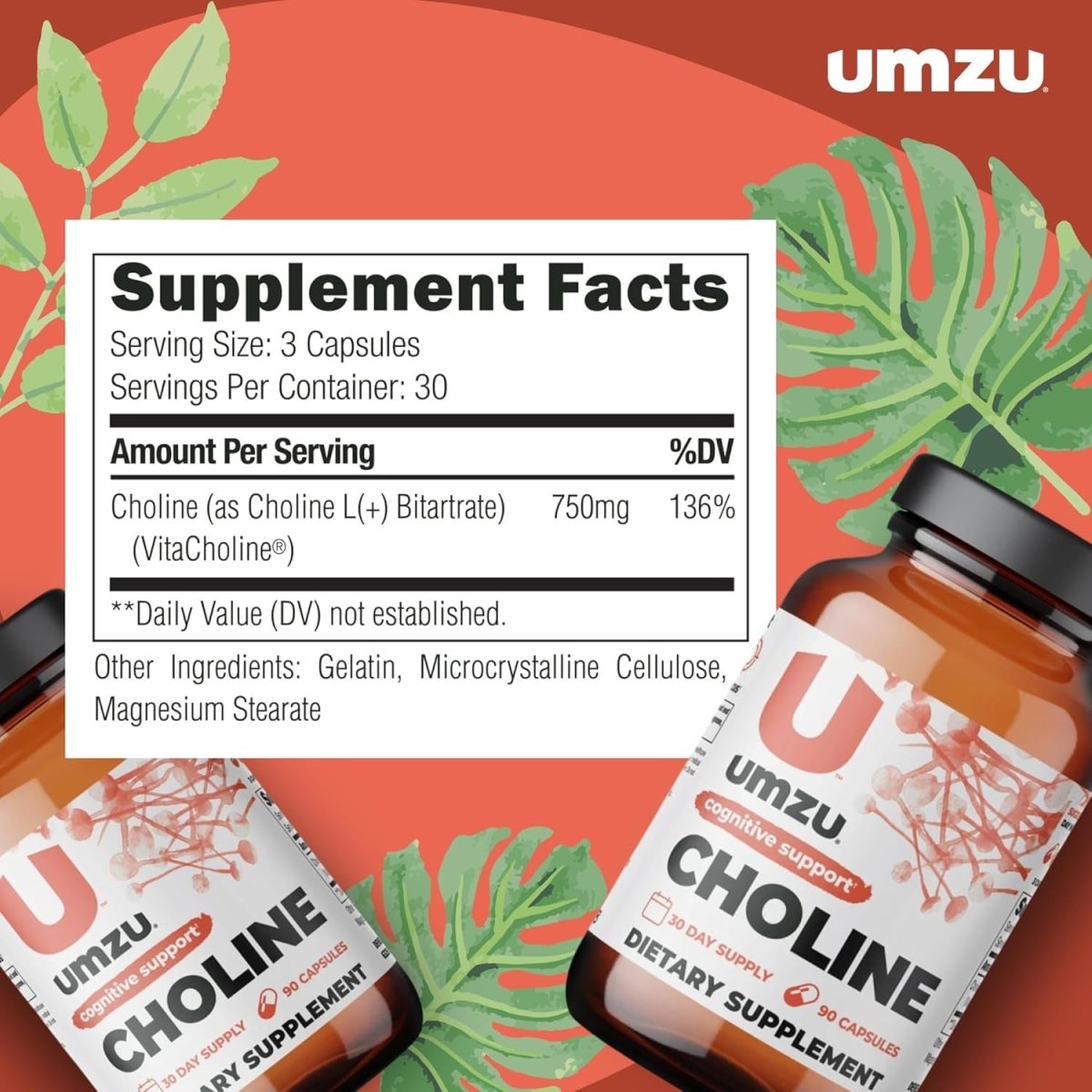 UMZU Choline Supplement for Cognitive and Hormonal Support | Promotes Liver Health & Estrogen Balance (30 Day Supply | 90 Capsules) - Suppviv