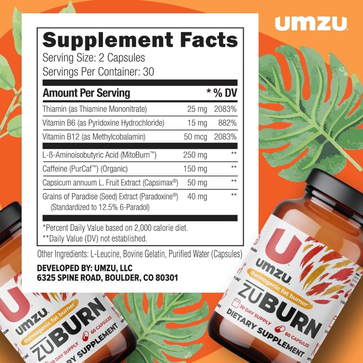 UMZU Zuburn Thermogenic Fat Burner Supplement Support Metabolism (30 Day Supply | 60 Capsules) - Suppviv