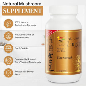 Vita Green Reishi Mushroom Lingzhi for Energy, Immune Support and Wellness for Adults - 72 Capsules - Suppviv