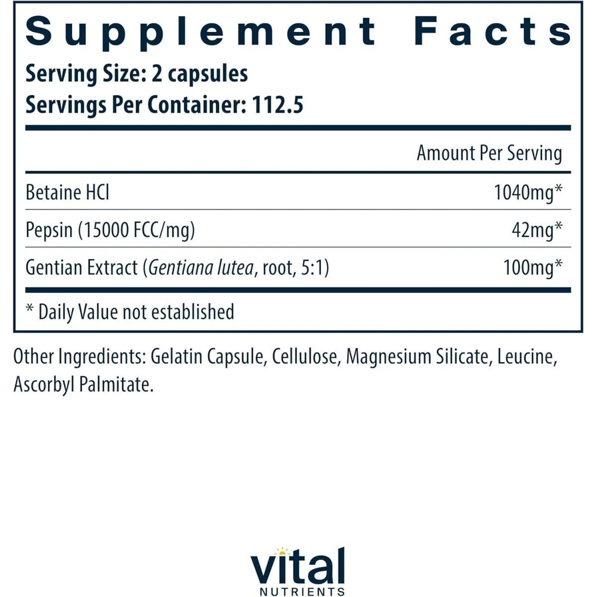 Vital Nutrients Betaine HCL Pepsin with Gentian Root Extract 225 Capsules 1 PACK - Suppviv