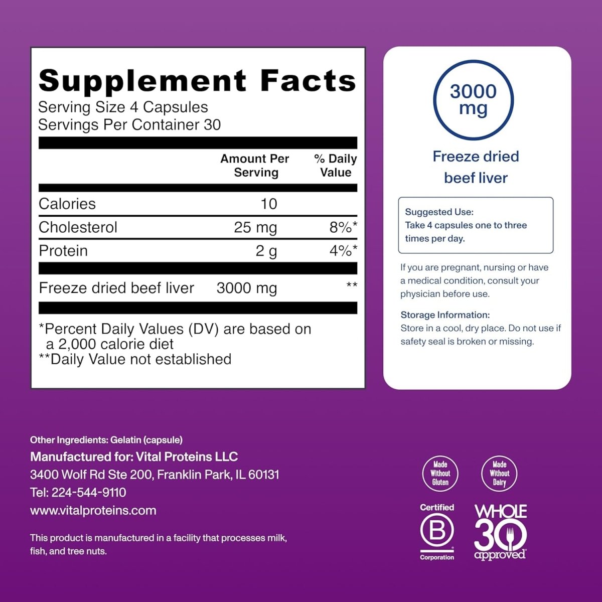 Vital Proteins Grass - Fed Desiccated Beef Liver Pills - (120 Capsules, 750Mg Each) - Suppviv