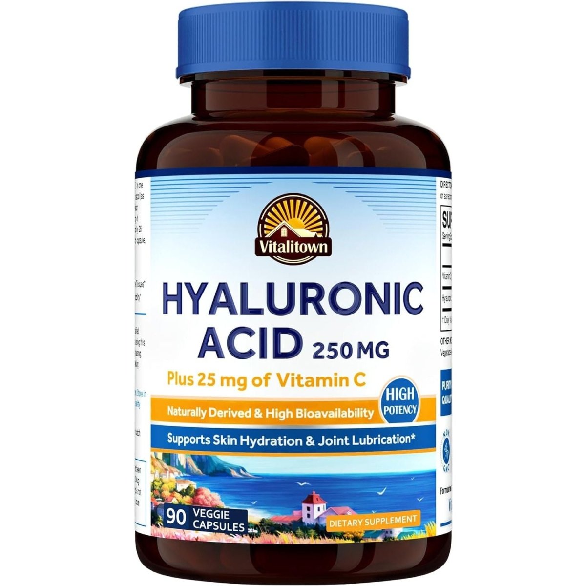 Vitalitown Hyaluronic Acid Supplements 250 Mg, plus 25 Mg Vitamin C, Skin Hydration & Joint Lubrication, 90 Vegan Capsules, - Suppviv