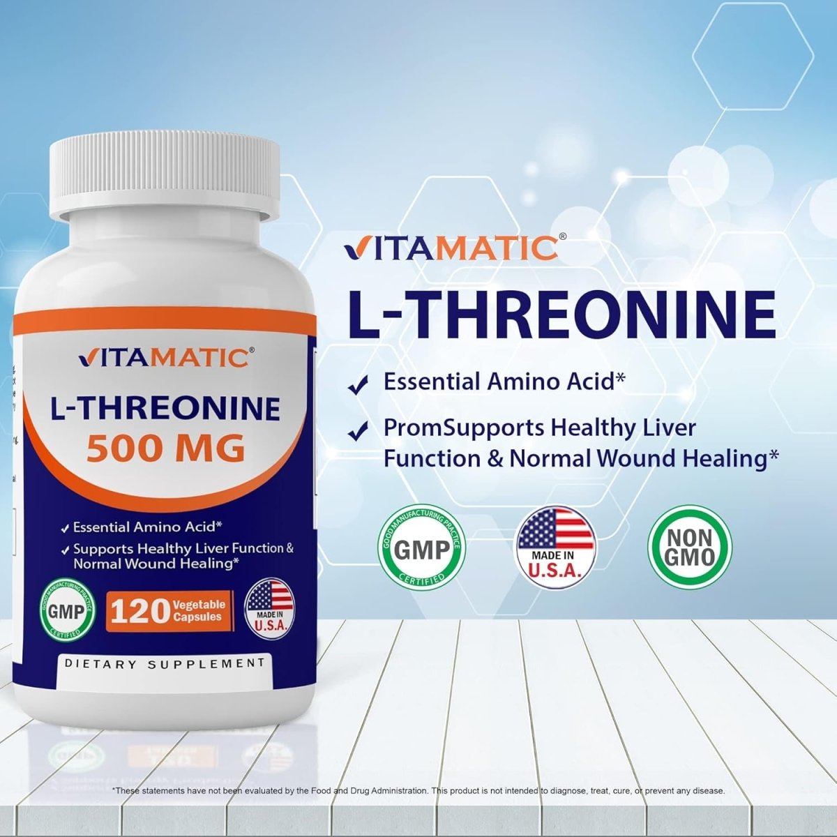 Vitamatic L - Threonine 500 Mg for Healthy Liver, Cardiovascular & Structural Function 120 Capsules - Suppviv