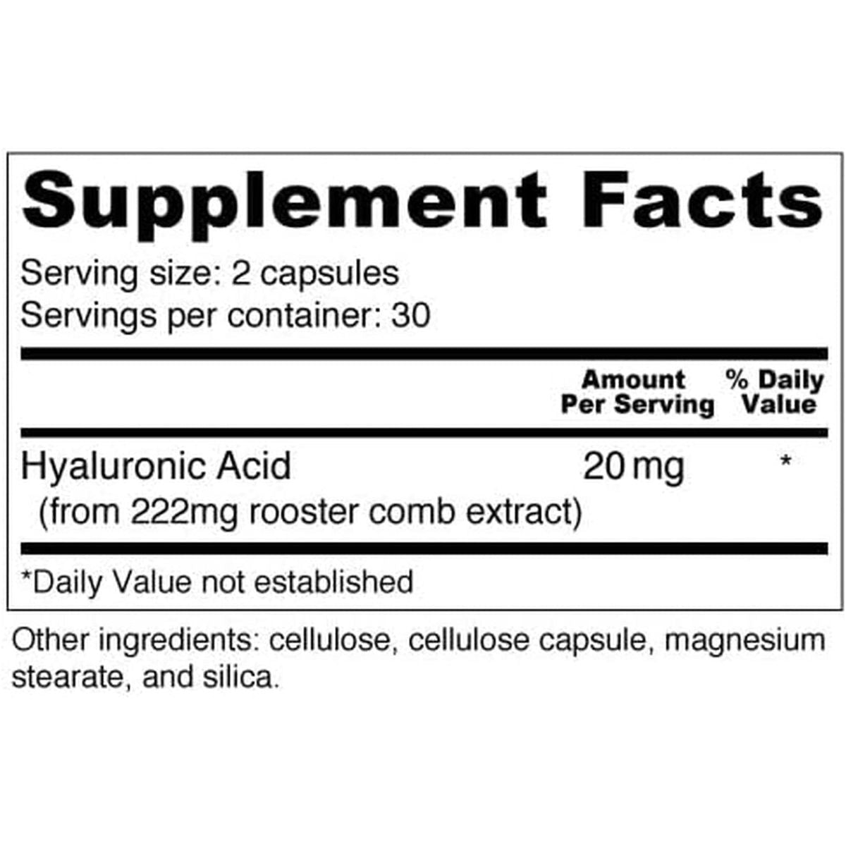 Wellness Resources Hyaluronic Acid from Rooster Comb, 100% Natural Low Molecular Weight (60 Capsules) - Suppviv