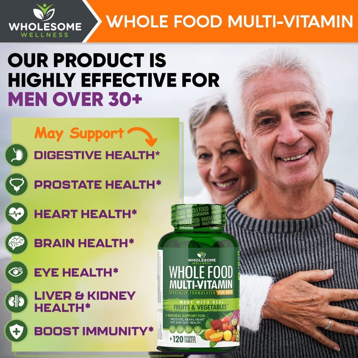 Whole Food Multivitamin for Men - Natural Multi Vitamins, Minerals, Organic Extracts (120 Tablets) - Suppviv