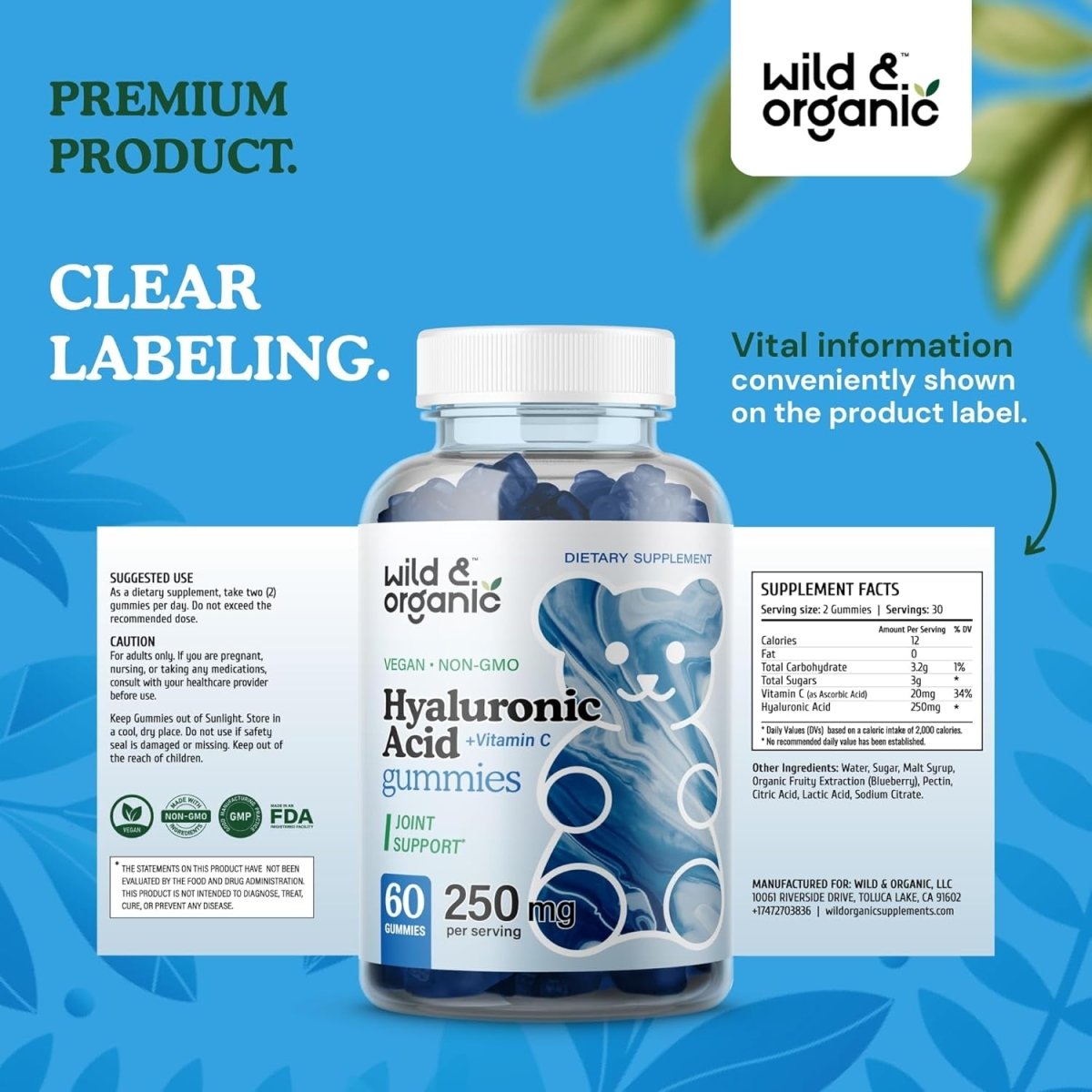 Wild & Organic Hyaluronic Acid Gummies 250Mg - Hair & Skin & Nails Supplement - 60 Vegan Chewables - Suppviv