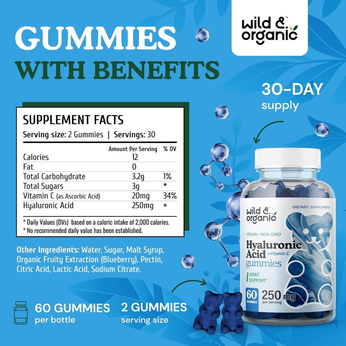 Wild & Organic Hyaluronic Acid Gummies 250Mg - Hair & Skin & Nails Supplement - 60 Vegan Chewables - Suppviv