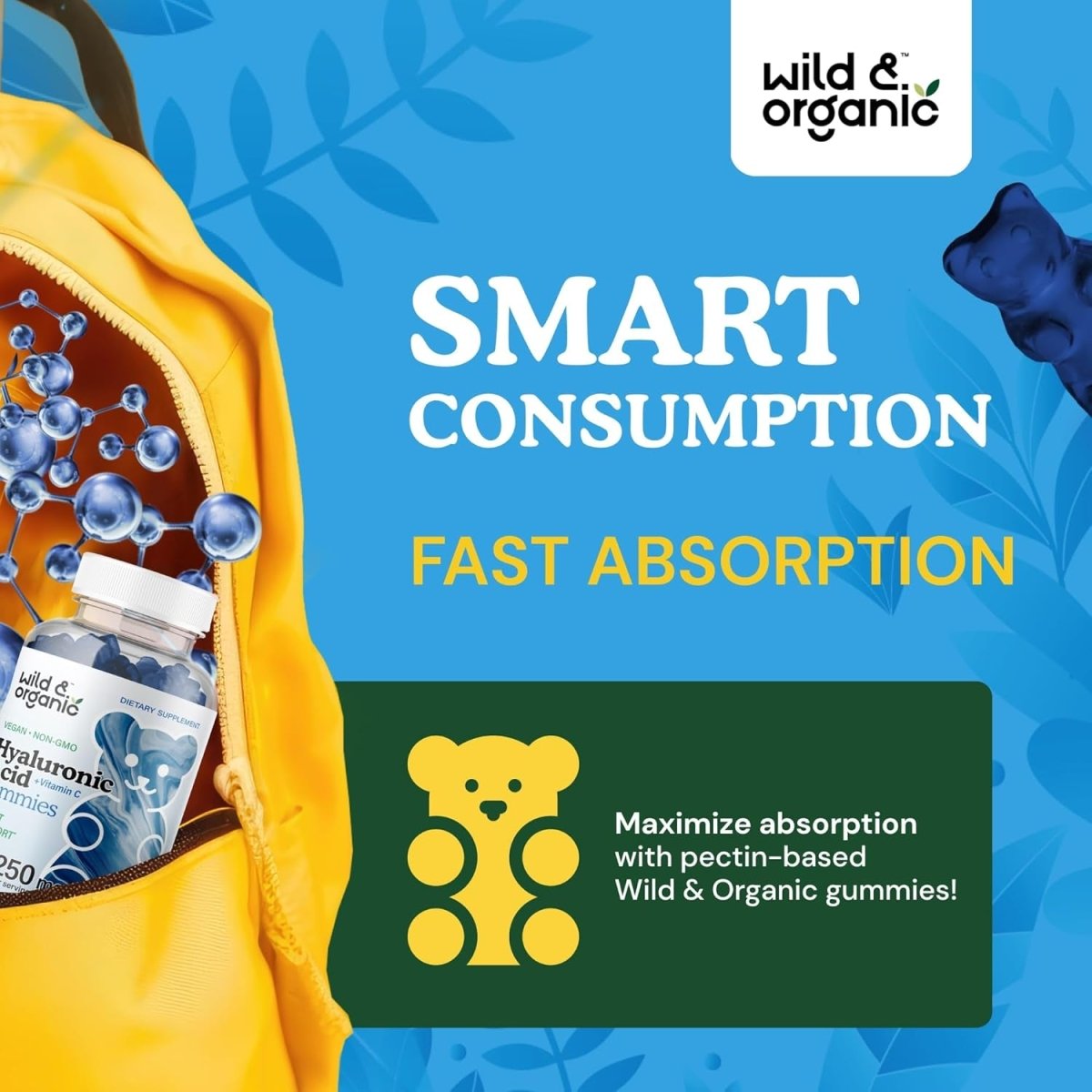 Wild & Organic Hyaluronic Acid Gummies 250Mg - Hair & Skin & Nails Supplement - 60 Vegan Chewables - Suppviv