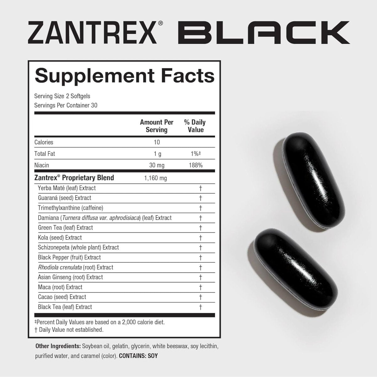 Zantrex Black - High Energy Supplement - 300MG Natural Caffeine - Yerba Mate, Damiana, and Guarana, 60 Softgels - Suppviv