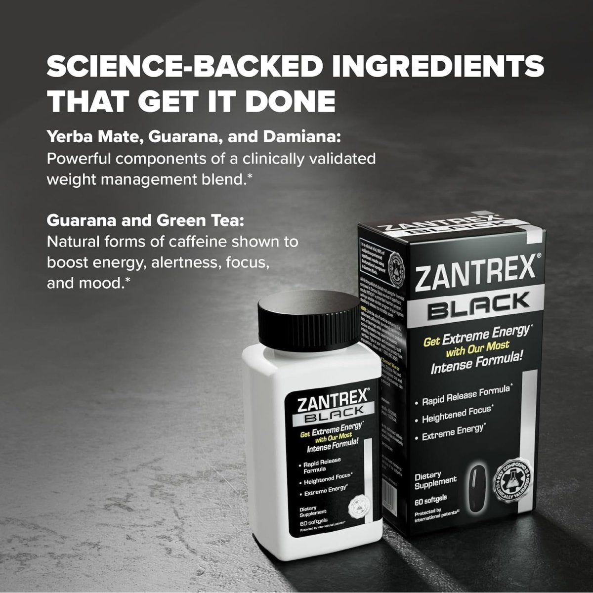 Zantrex Black - High Energy Supplement - 300MG Natural Caffeine - Yerba Mate, Damiana, and Guarana, 60 Softgels - Suppviv