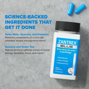 Zantrex Blue - High Energy Supplement - 300MG Natural Caffeine - Yerba Mate, Damiana, and Guarana, 60 Count - Suppviv