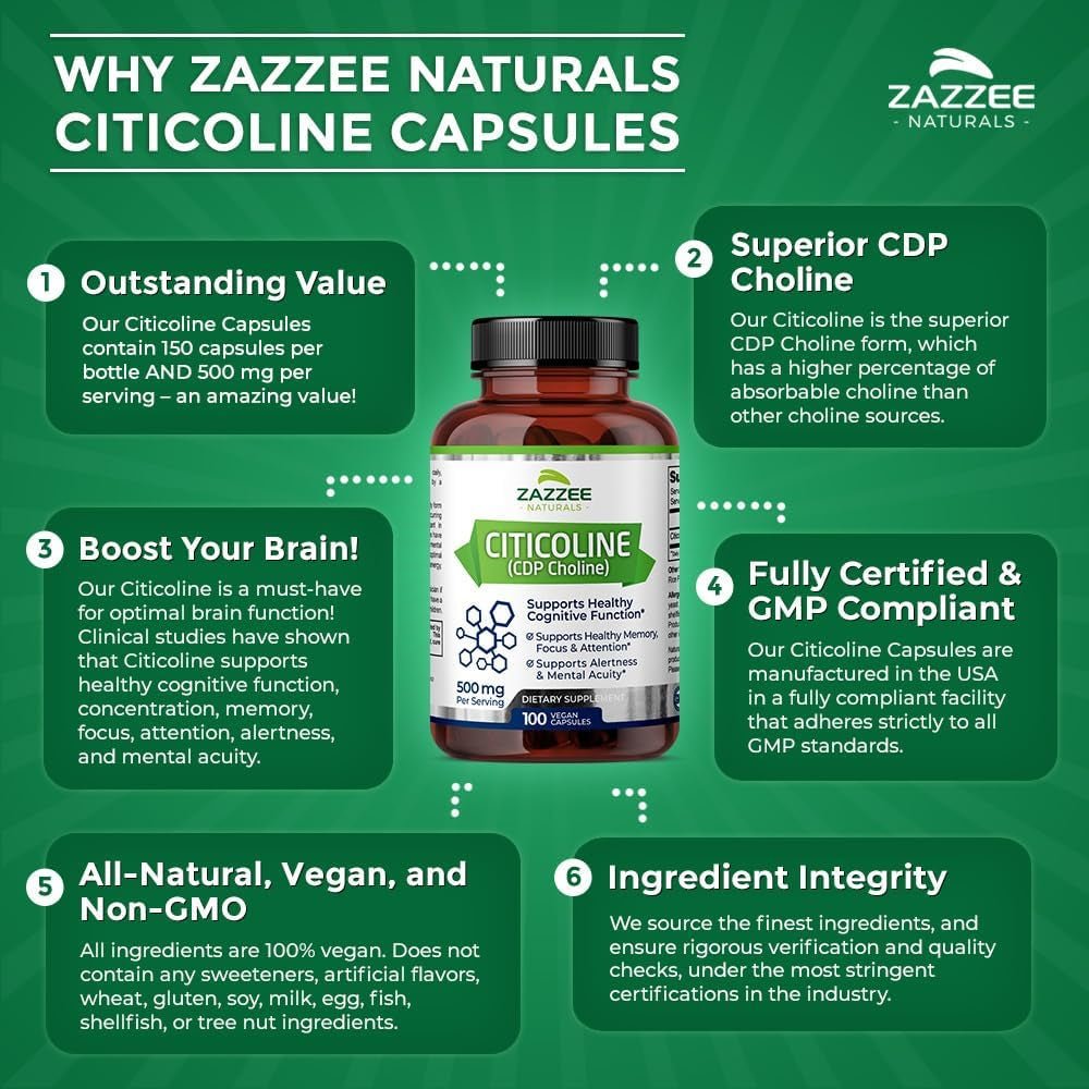 Zazzee Extra Strength Citicoline, 500 Mg per Serving, 100 Vegan Capsules, Superior CDP Choline Form,50 - Day Supply - Suppviv