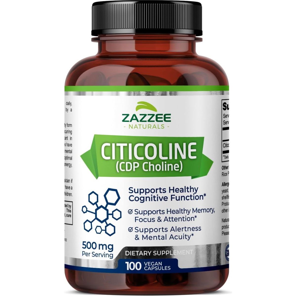 Zazzee Extra Strength Citicoline, 500 Mg per Serving, 100 Vegan Capsules, Superior CDP Choline Form,50 - Day Supply - Suppviv