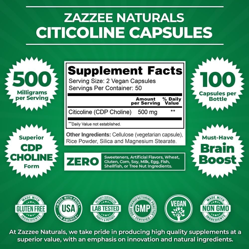 Zazzee Extra Strength Citicoline, 500 Mg per Serving, 100 Vegan Capsules, Superior CDP Choline Form,50 - Day Supply - Suppviv