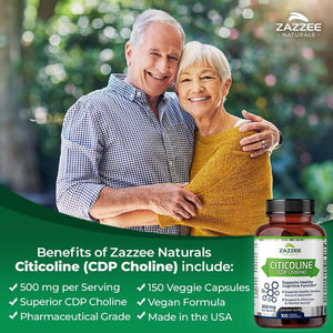 Zazzee Extra Strength Citicoline, 500 Mg per Serving, 100 Vegan Capsules, Superior CDP Choline Form,50 - Day Supply - Suppviv